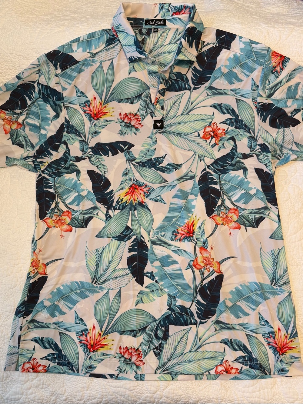 Bad Birdie Tropical Floral Polo with Teal and Coral Accents